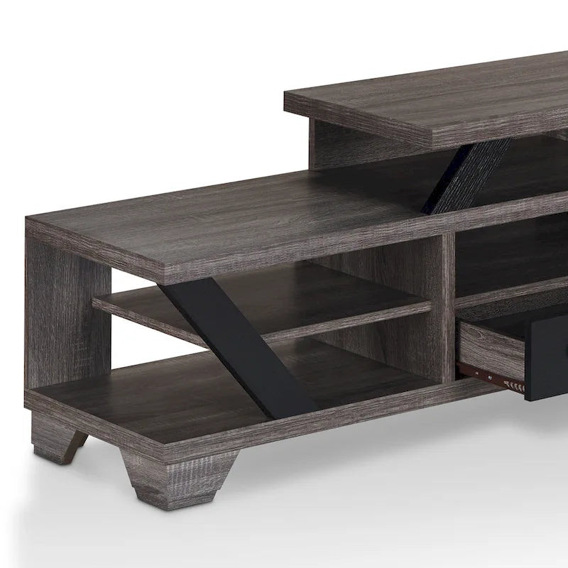 82" Tiered Open Shelf TV Stand with Drawers, Distressed Grey