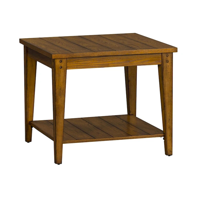 Square Solid Wood Lamp Table with Bottom Shelf & Oak Finish