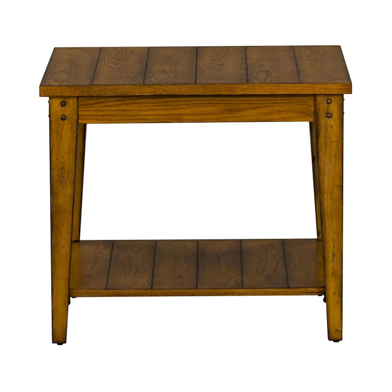 Square Solid Wood Lamp Table with Bottom Shelf & Oak Finish