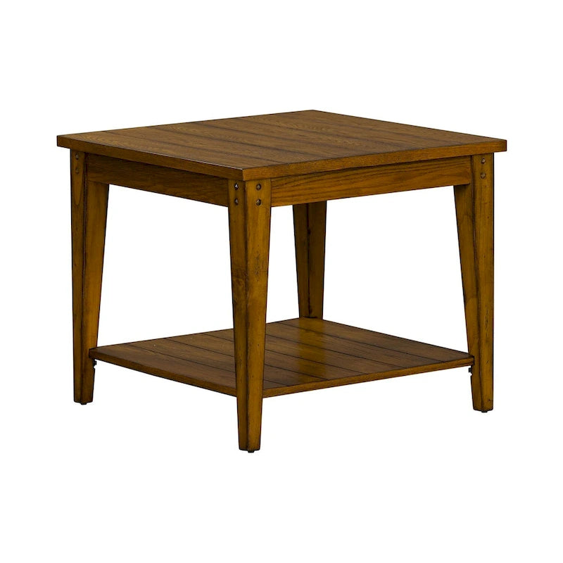 Square Solid Wood Lamp Table with Bottom Shelf & Oak Finish
