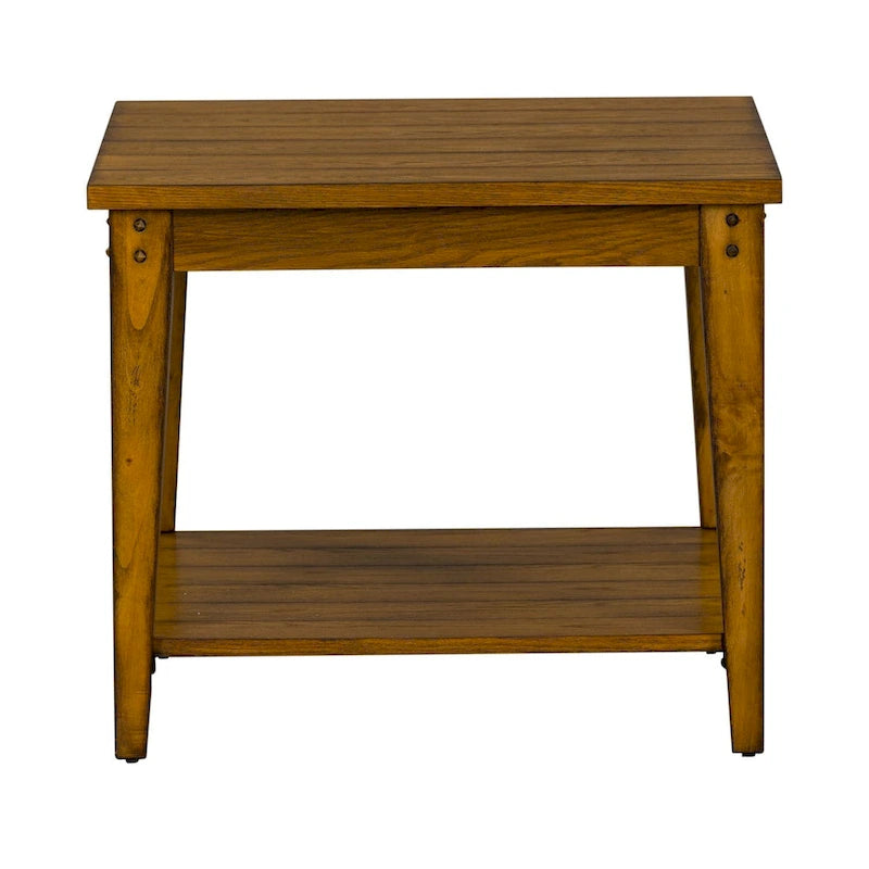 Square Solid Wood Lamp Table with Bottom Shelf & Oak Finish