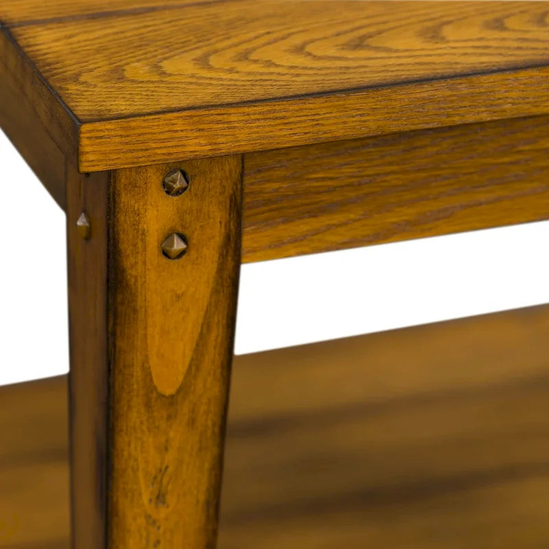 Square Solid Wood Lamp Table with Bottom Shelf & Oak Finish