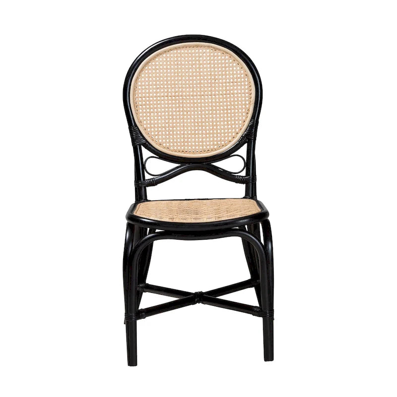Mid-Century Modern Handcrafted Rattan Dining Chair with Round Back & Crisscross Base