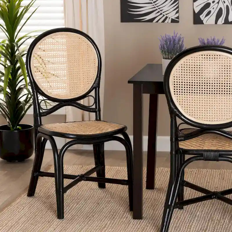 Mid-Century Modern Handcrafted Rattan Dining Chair with Round Back & Crisscross Base