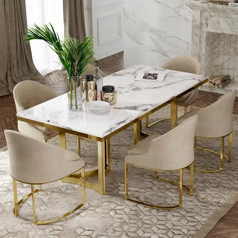 63" Marble Top Rectangular Dining Table with Gold Stainless Steel Legs, Seats 4-6