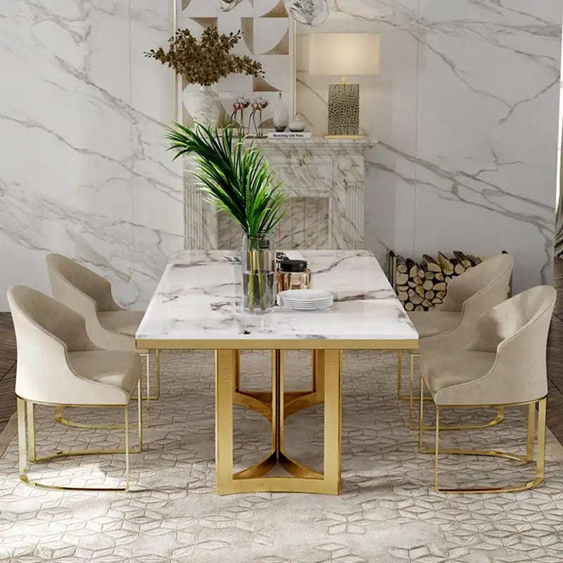 63" Marble Top Rectangular Dining Table with Gold Stainless Steel Legs, Seats 4-6