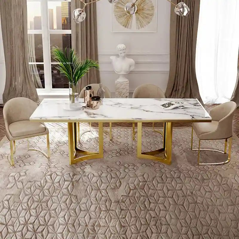 63" Marble Top Rectangular Dining Table with Gold Stainless Steel Legs, Seats 4-6