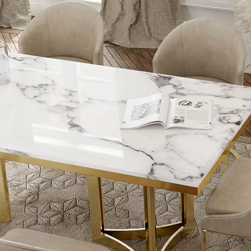 63" Marble Top Rectangular Dining Table with Gold Stainless Steel Legs, Seats 4-6