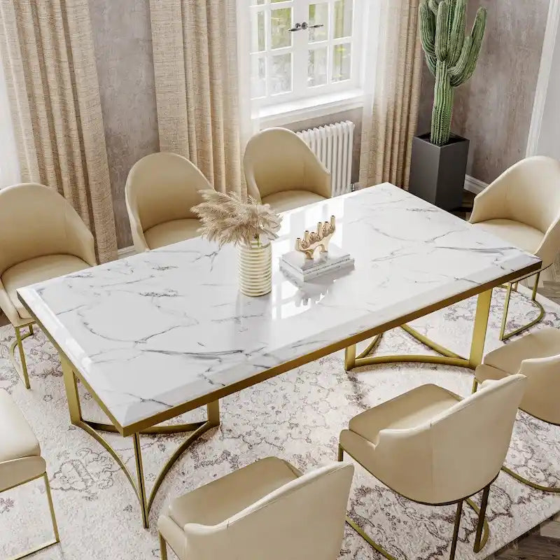 63" Marble Top Rectangular Dining Table with Gold Stainless Steel Legs, Seats 4-6