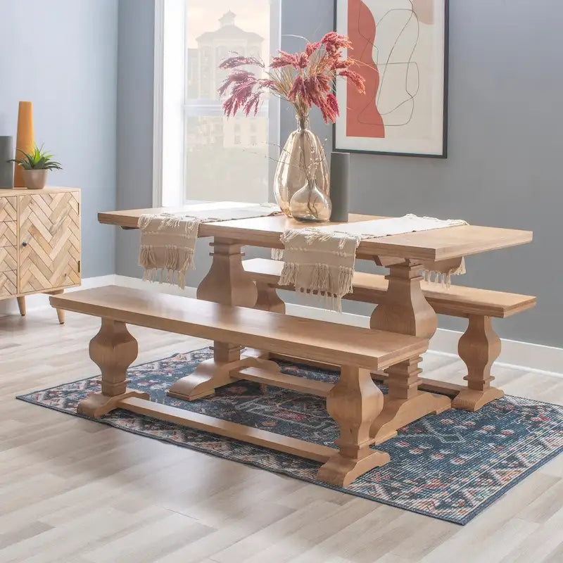 Solid Pine Wood Double Pedestal Dining & Entryway Bench