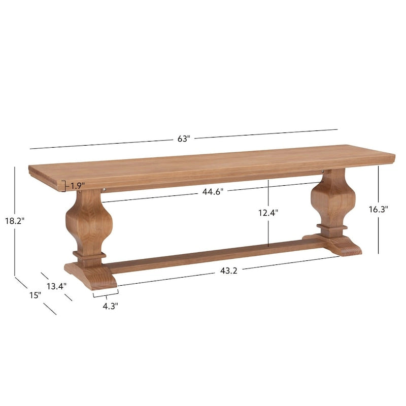 Solid Pine Wood Double Pedestal Dining & Entryway Bench