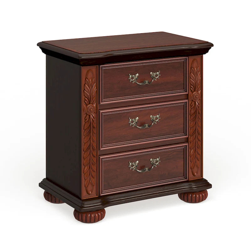 Traditional 3-Drawer Solid Wood Nightstand with Carved Detail & Felt-Lined Drawer