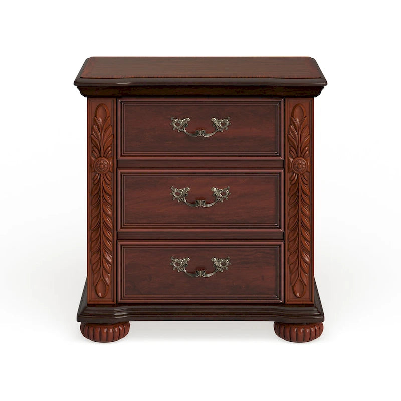 Traditional 3-Drawer Solid Wood Nightstand with Carved Detail & Felt-Lined Drawer
