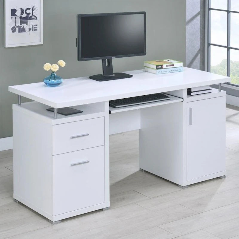 White Office Desk with File Cabinet & Keyboard Tray