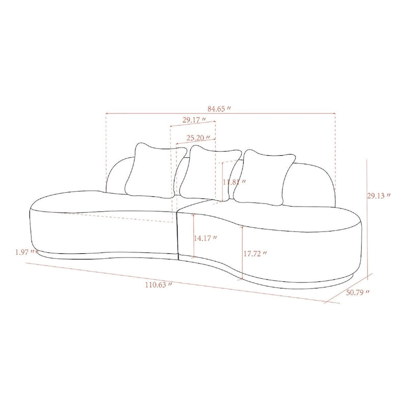 Curved Sculptural Sofa with 3 Pillows — Foam Cushion, Pet-Friendly Fabric