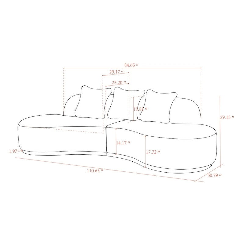 Curved Sculptural Sofa with 3 Pillows — Foam Cushion, Pet-Friendly Fabric