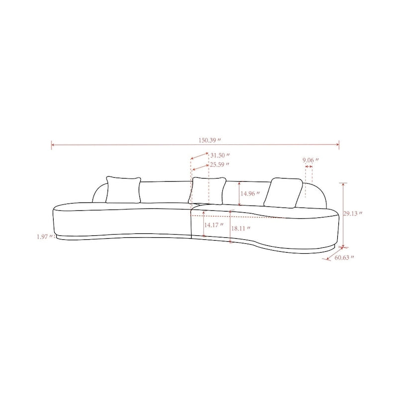 Curved Sculptural Sofa with 3 Pillows — Foam Cushion, Pet-Friendly Fabric