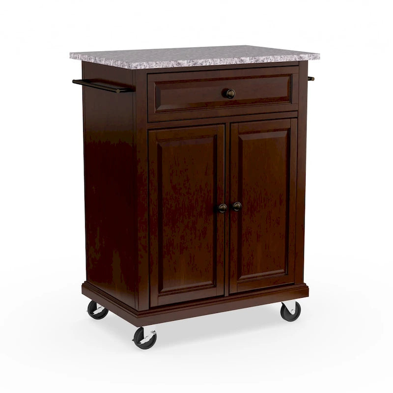 Solid Wood Kitchen Cart with Granite Top, Locking Casters & Storage Cabinet