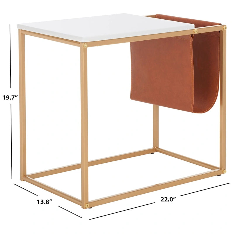 Industrial Side Table with Wood Top, Metal Base & Faux Leather Pocket