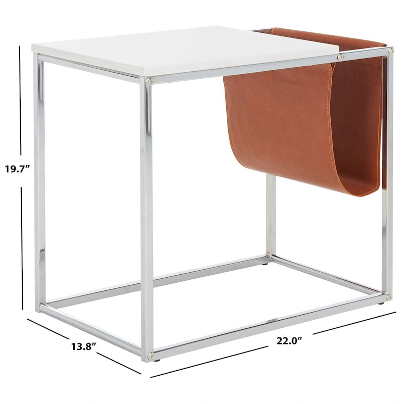 Industrial Side Table with Wood Top, Metal Base & Faux Leather Pocket