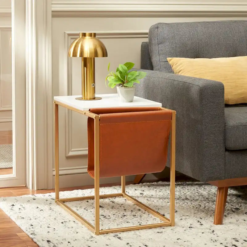 Industrial Side Table with Wood Top, Metal Base & Faux Leather Pocket
