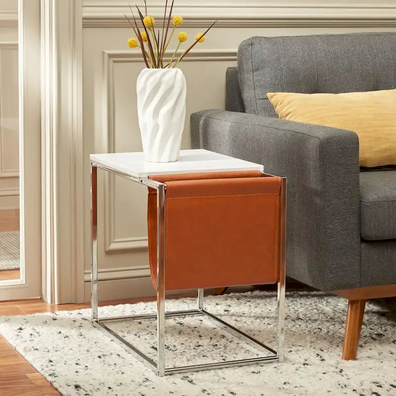Industrial Side Table with Wood Top, Metal Base & Faux Leather Pocket