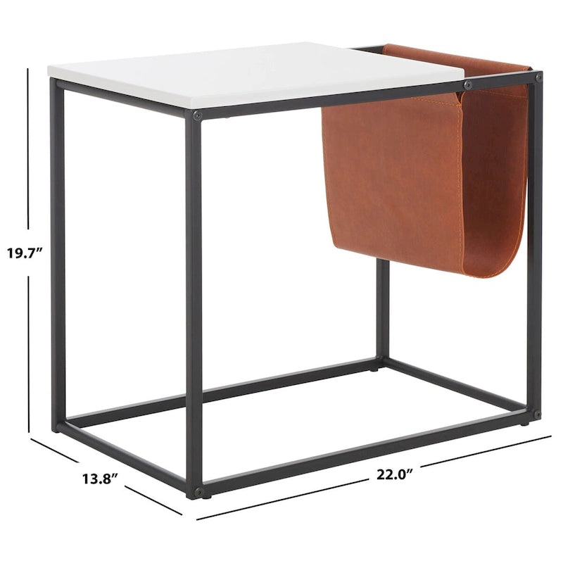 Industrial Side Table with Wood Top, Metal Base & Faux Leather Pocket