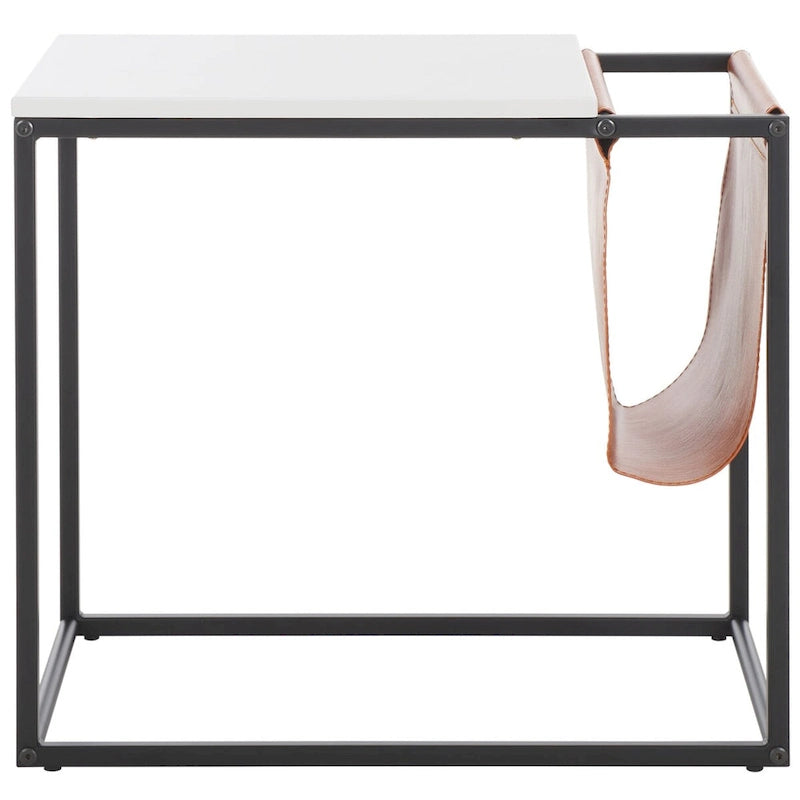Industrial Side Table with Wood Top, Metal Base & Faux Leather Pocket