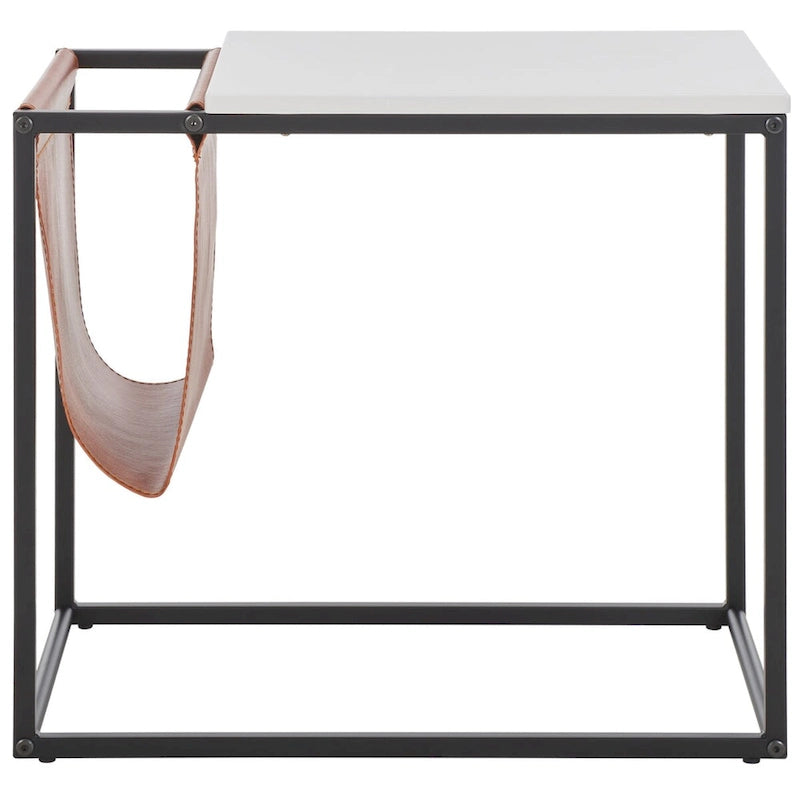 Industrial Side Table with Wood Top, Metal Base & Faux Leather Pocket