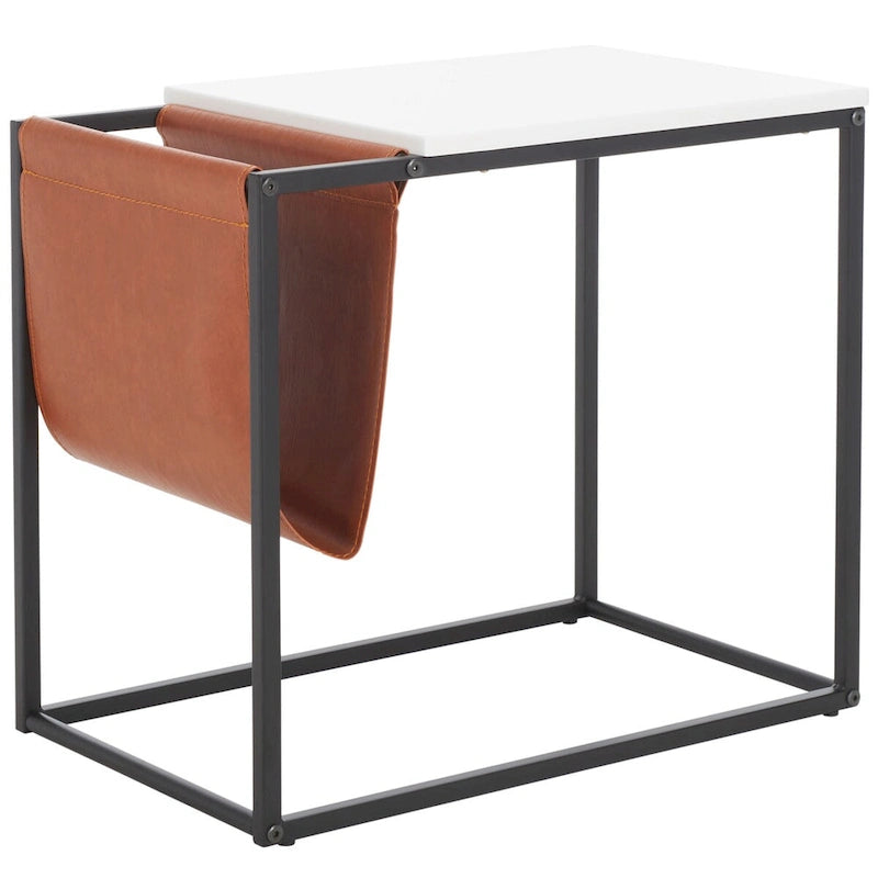 Industrial Side Table with Wood Top, Metal Base & Faux Leather Pocket