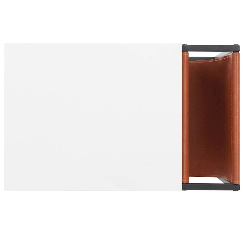Industrial Side Table with Wood Top, Metal Base & Faux Leather Pocket