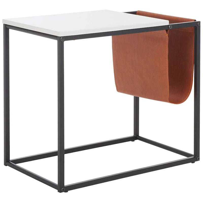 Industrial Side Table with Wood Top, Metal Base & Faux Leather Pocket