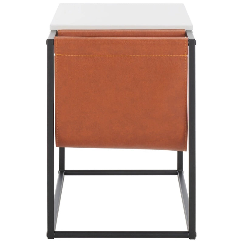 Industrial Side Table with Wood Top, Metal Base & Faux Leather Pocket