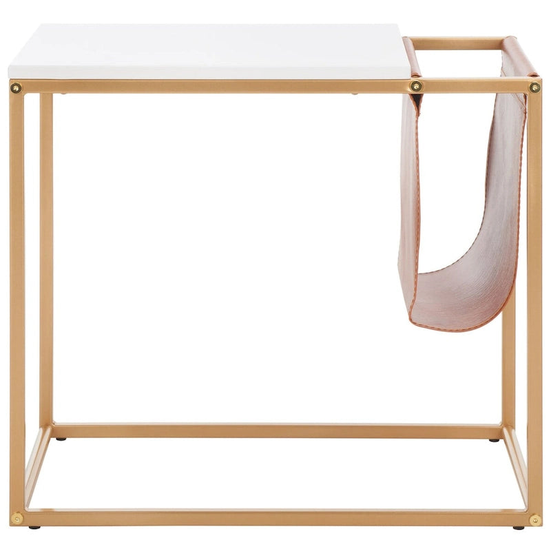 Industrial Side Table with Wood Top, Metal Base & Faux Leather Pocket