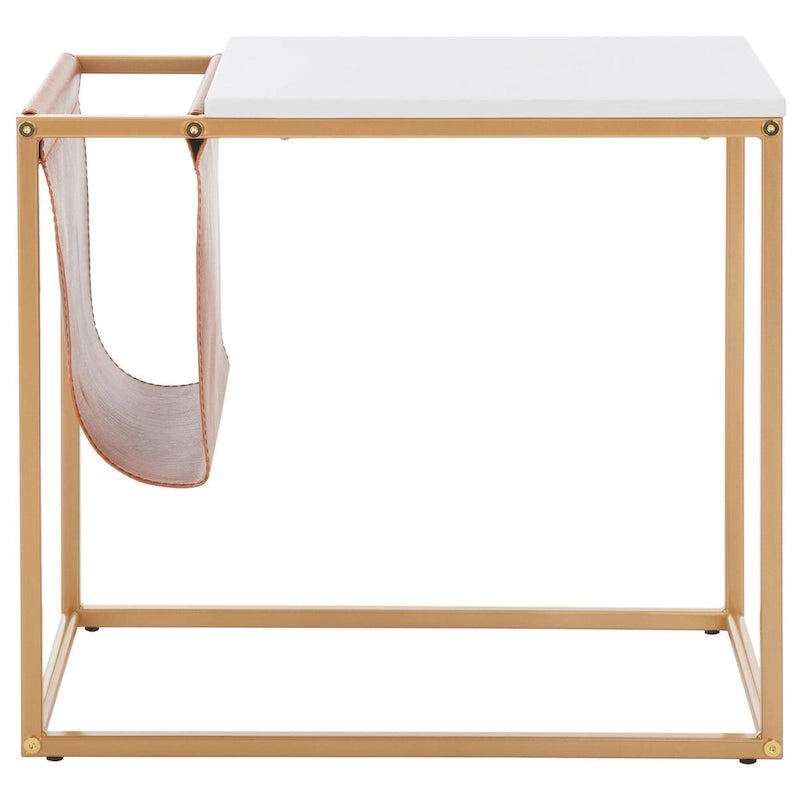 Industrial Side Table with Wood Top, Metal Base & Faux Leather Pocket