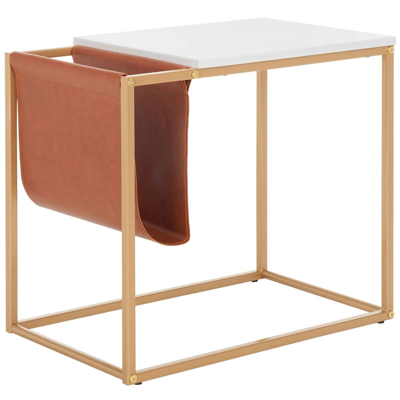 Industrial Side Table with Wood Top, Metal Base & Faux Leather Pocket
