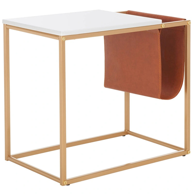Industrial Side Table with Wood Top, Metal Base & Faux Leather Pocket