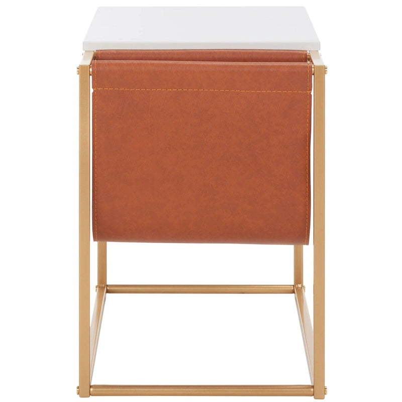 Industrial Side Table with Wood Top, Metal Base & Faux Leather Pocket