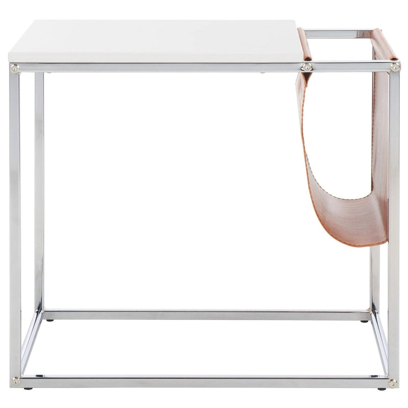 Industrial Side Table with Wood Top, Metal Base & Faux Leather Pocket