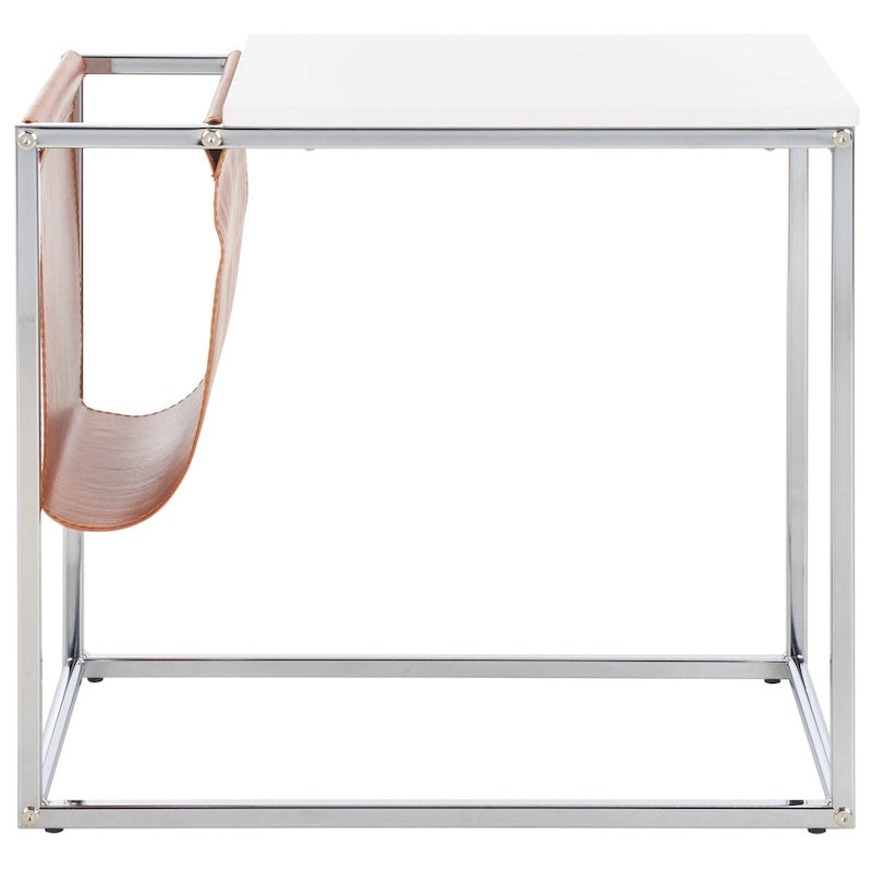 Industrial Side Table with Wood Top, Metal Base & Faux Leather Pocket