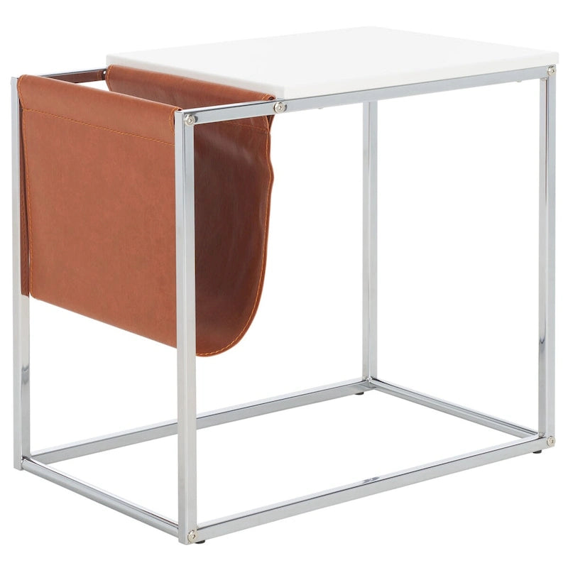 Industrial Side Table with Wood Top, Metal Base & Faux Leather Pocket