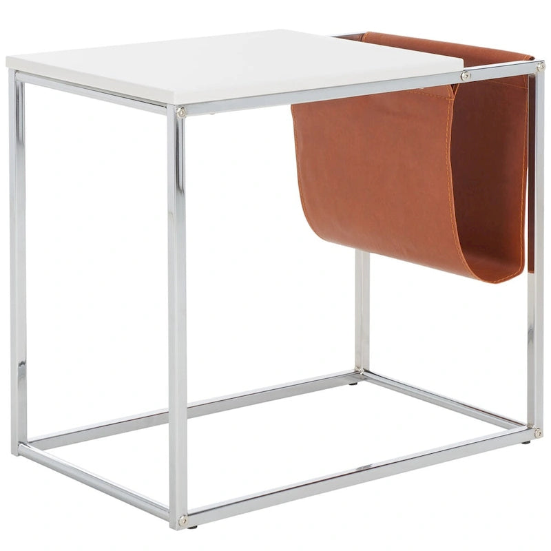 Industrial Side Table with Wood Top, Metal Base & Faux Leather Pocket