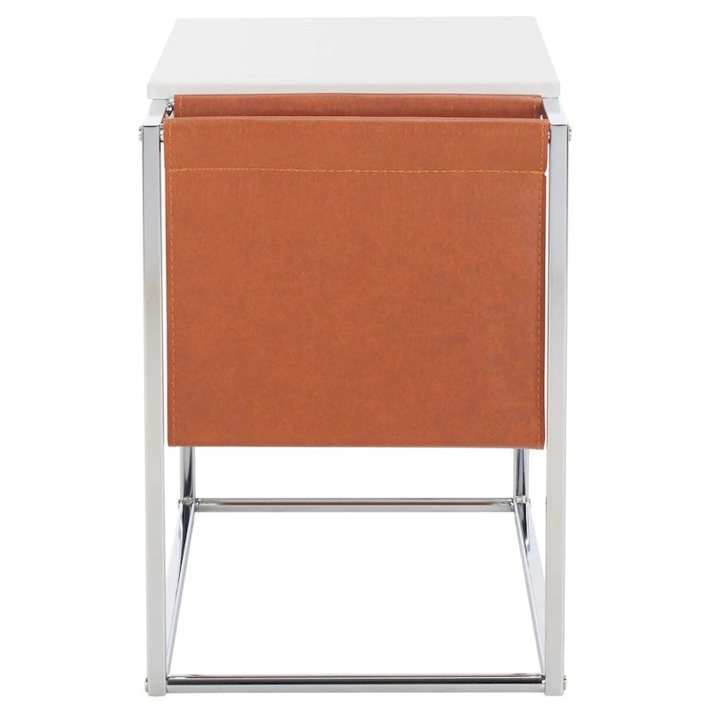 Industrial Side Table with Wood Top, Metal Base & Faux Leather Pocket