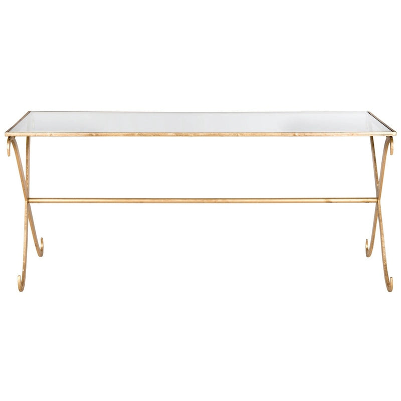 Venetian-Style Gold Iron Scrolled Leg Tempered Glass Coffee Table, 43 Inch
