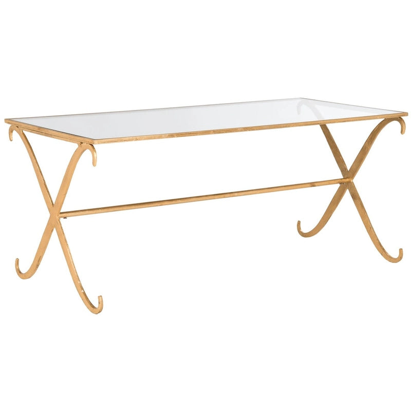Venetian-Style Gold Iron Scrolled Leg Tempered Glass Coffee Table, 43 Inch