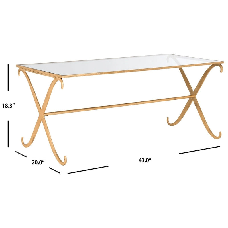 Venetian-Style Gold Iron Scrolled Leg Tempered Glass Coffee Table, 43 Inch