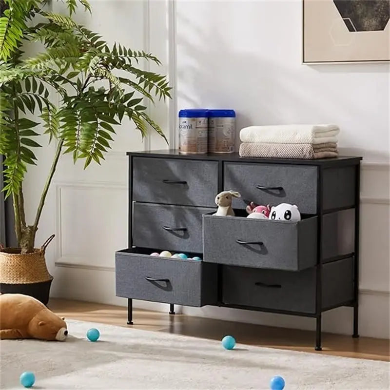 6-Drawer Fabric Bin Dresser with Metal Frame — Bedroom Storage Tower