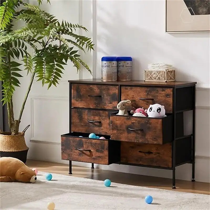 6-Drawer Fabric Bin Dresser with Metal Frame — Bedroom Storage Tower
