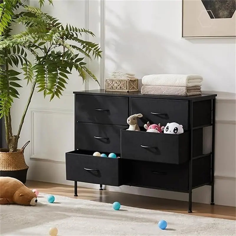6-Drawer Fabric Bin Dresser with Metal Frame — Bedroom Storage Tower