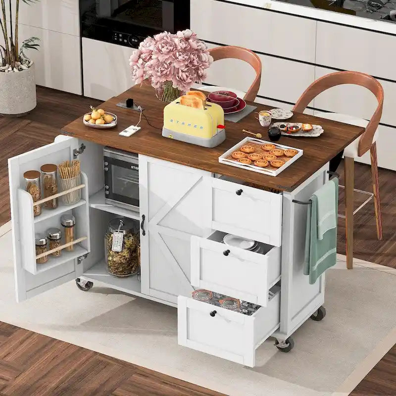 Farmhouse Rolling Kitchen Island with Drop Leaf